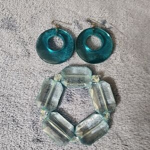 Bold Aqua Resin Statement Earrings & Chunky Geometric Bracelet Set